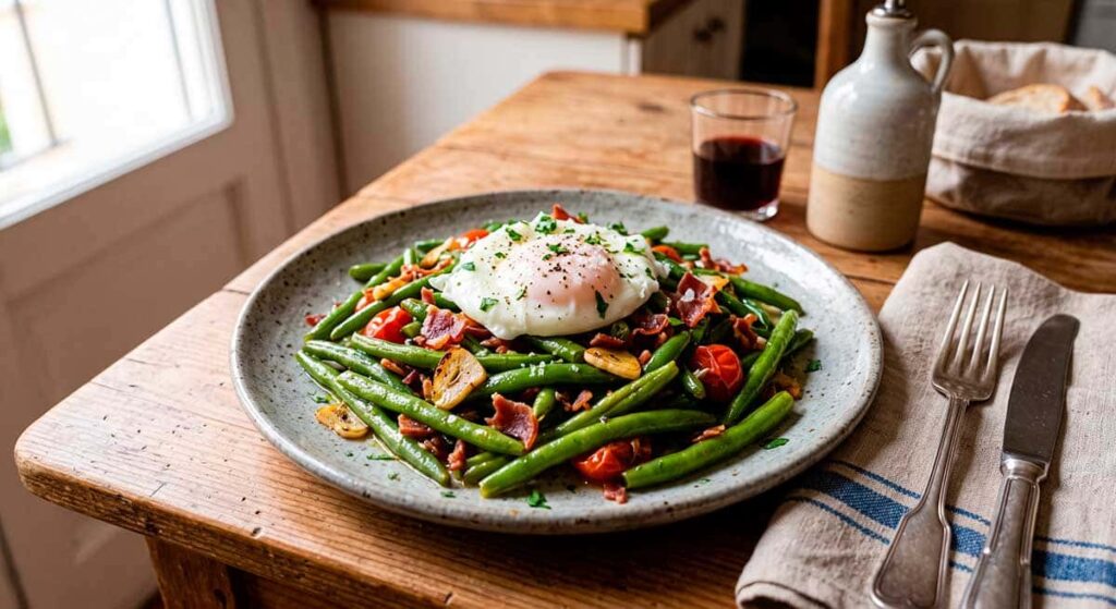 Foto de Salteado de judías verdes con huevo escalfado, ajo y jamón serrano